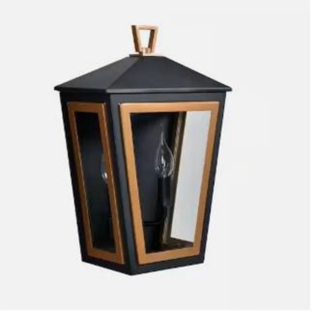 2 Light fixture Black + Gold Outdoor light Wall Lantern Sconce antique brass new